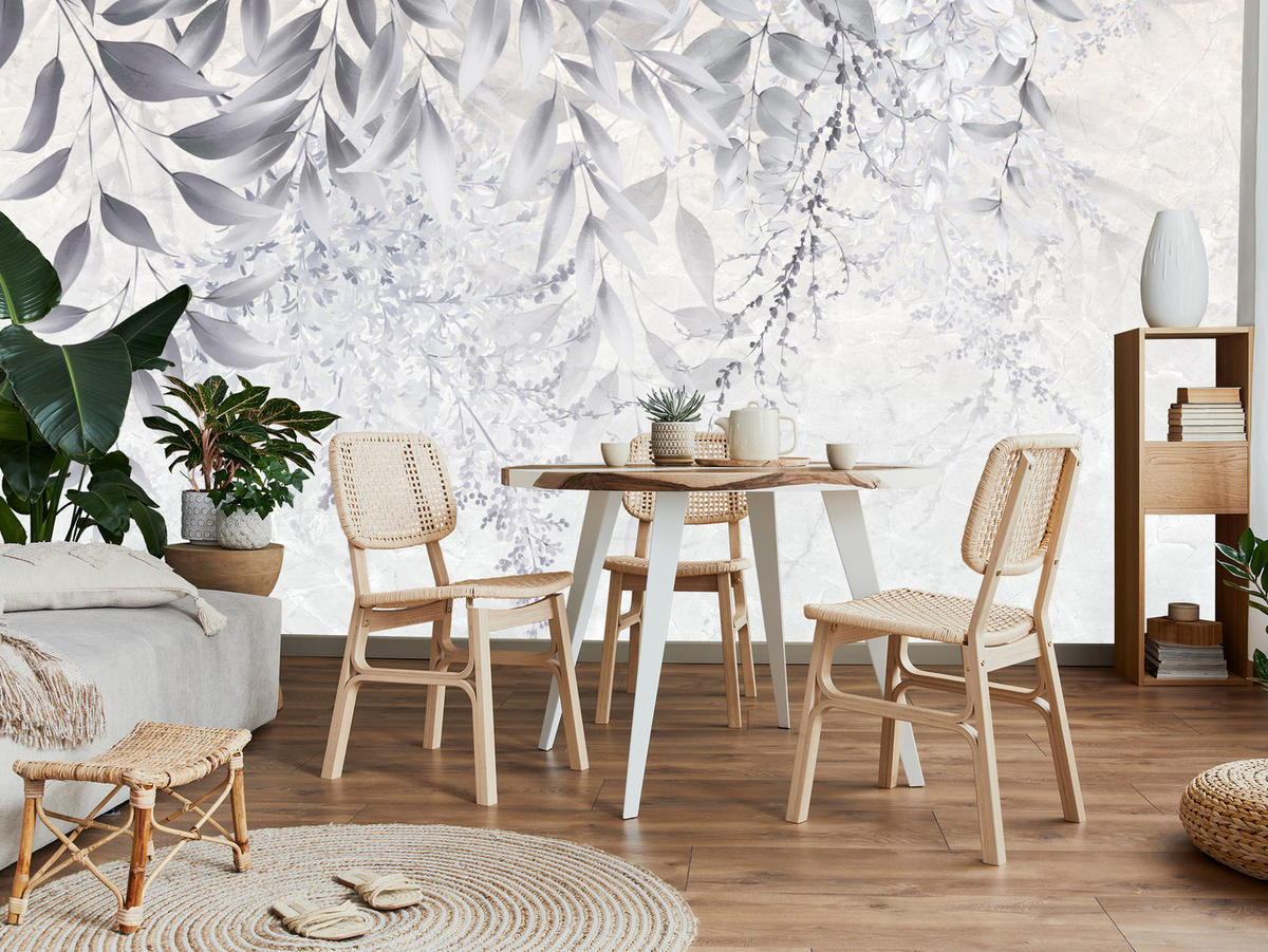 FOTOTAPETE für Schlafzimmer Subtile Rankenblätter Grau 250x175 - Weiß/Grau, Papier (250/175cm) - Muralo