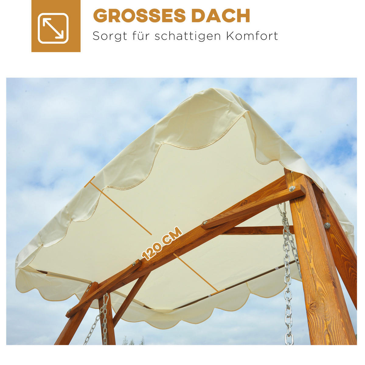 HOLLYWOODSCHAUKEL 162/130/185 cm mit Sonnendach und Lärchenholzgestell, Natur - Beige, Holz (130/185/162cm) - Redom