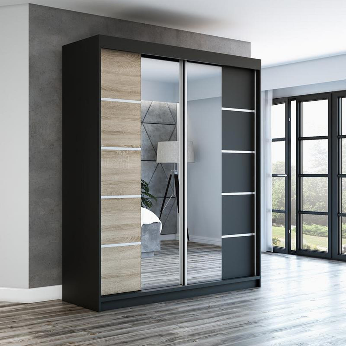 SCHWEBETÜRENSCHRANK 180 CM KRINO Farbe: Schwarz / sonoma / schwarz - Schwarz/Braun, Holzwerkstoff (180/215/59.5cm) - A&J MöbelLand