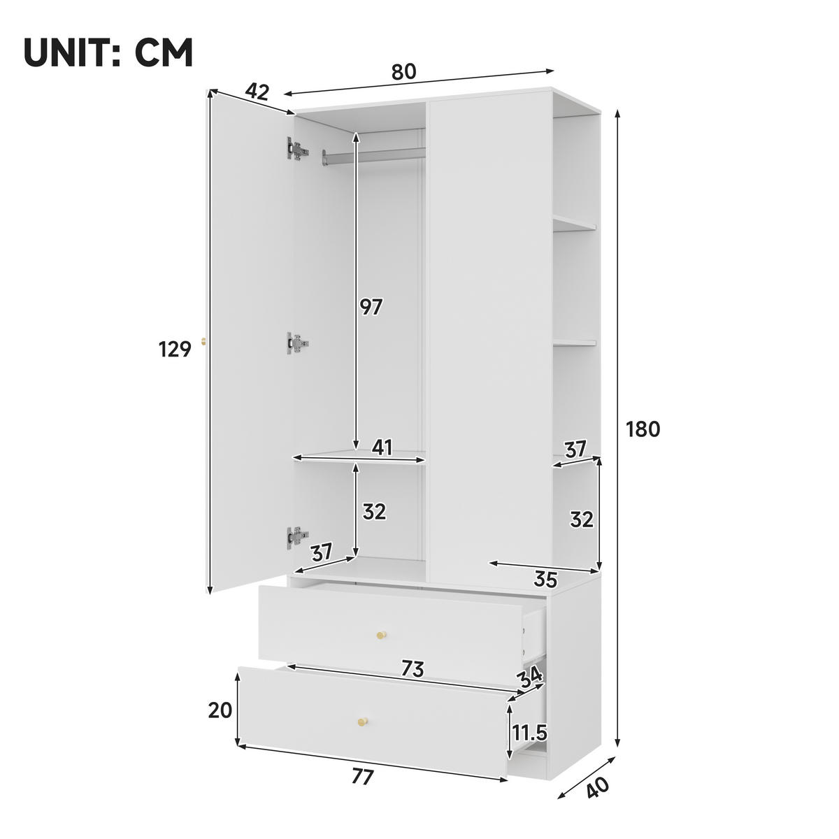 KLEIDERSCHRANK mit Spiegel 1 Tür Schubladen Weiß Modern - Weiß, Holzwerkstoff (80/180/40cm) - FLIEKS