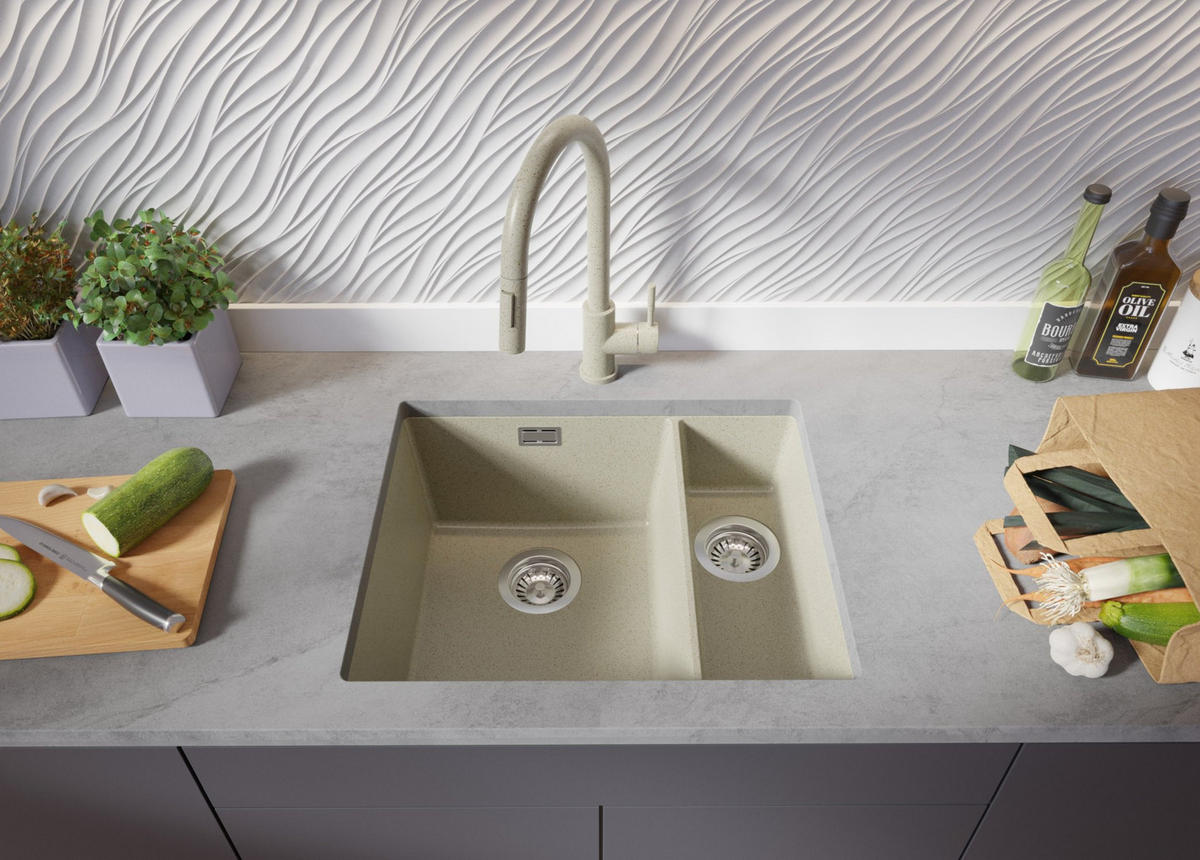 UNTERBAUSPÜLE GRANIT London Duo, 2-er set Beige 56/47 cm 1,5 Becken + Küchenarmatur 40/20 cm + Ablauf-Set ab 60er Unterschrank - Chromfarben/Beige, Kunststoff (56/20/47cm) - Primagran