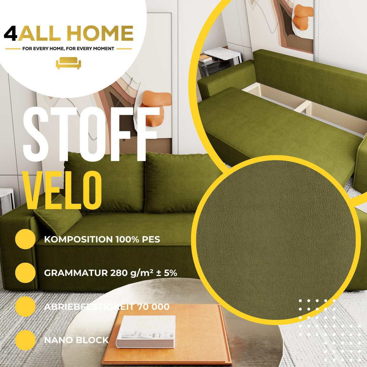 SOFA Veno mit Bettkasten und Schlaffunktion, Velourstoff - Olivgrün, Holzwerkstoff (242/85/95cm)