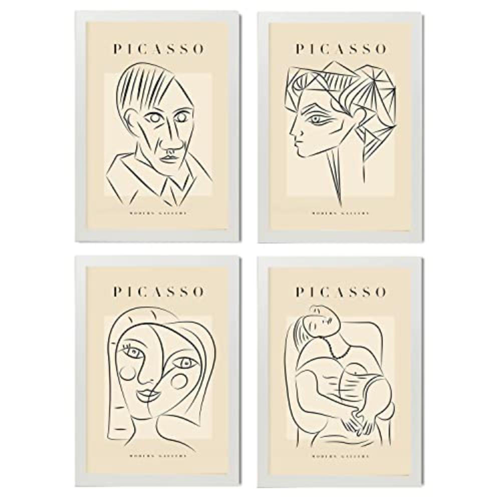 POSTER Set mit 4 PicassoSammlung von Linienporträts Ästhetische A3 Weißer Rahmen - Weiß, Papier (29.7/3cm) - Nacnic