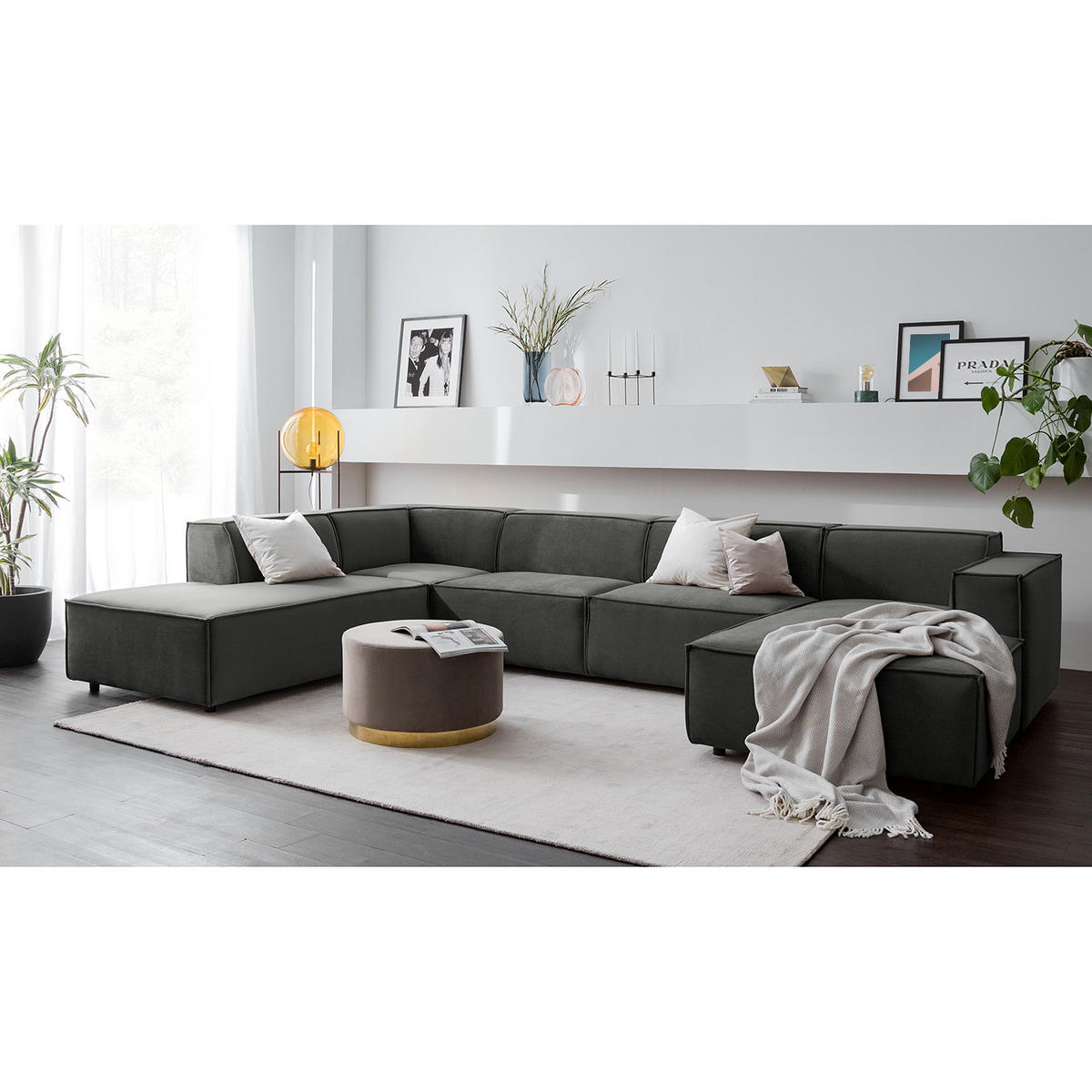 WOHNLANDSCHAFT mit Longchair & Ottomane - Schwarz/Grau, Kunststoff/Textil (369/70/234cm) - home24