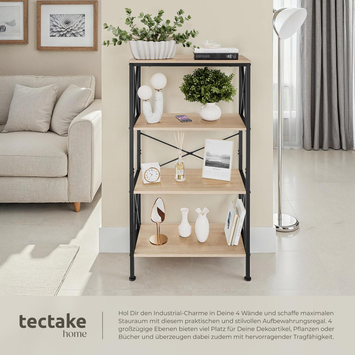 REGAL Barry,inklusive Kippschutz, 61,5 x 31,5 x 133,5 cm,Industrial Holz hell, Eiche Sonoma - Naturfarben, Holzwerkstoff (31.5/133.5/61.5cm) - tectake