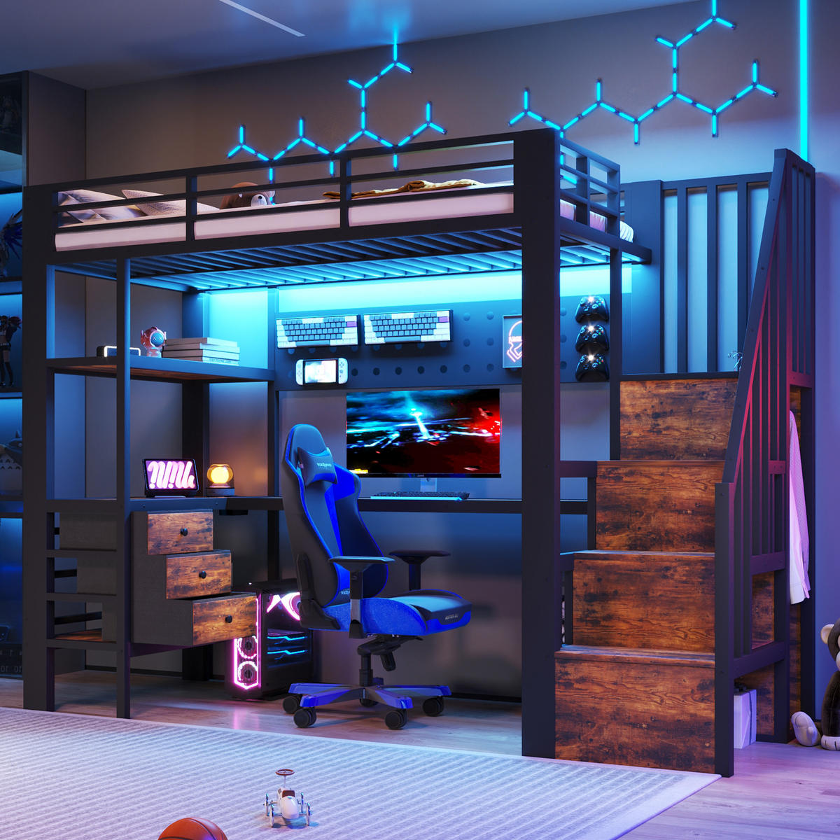 HOCHBETT 90/200 cm in Schwarz mit Schubladen, Ablagefläche, Lochwand, Tisch, LED und Steckdose - Schwarz, Holzwerkstoff/Metall (90/200cm) - WISHDOR
