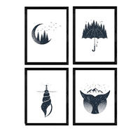 POSTER Set mit 4 Natur im nordischen Stil Wald und Meer in blauweiß A3 Rahmenlos - Klar, Papier (29.7/3cm) - Nacnic