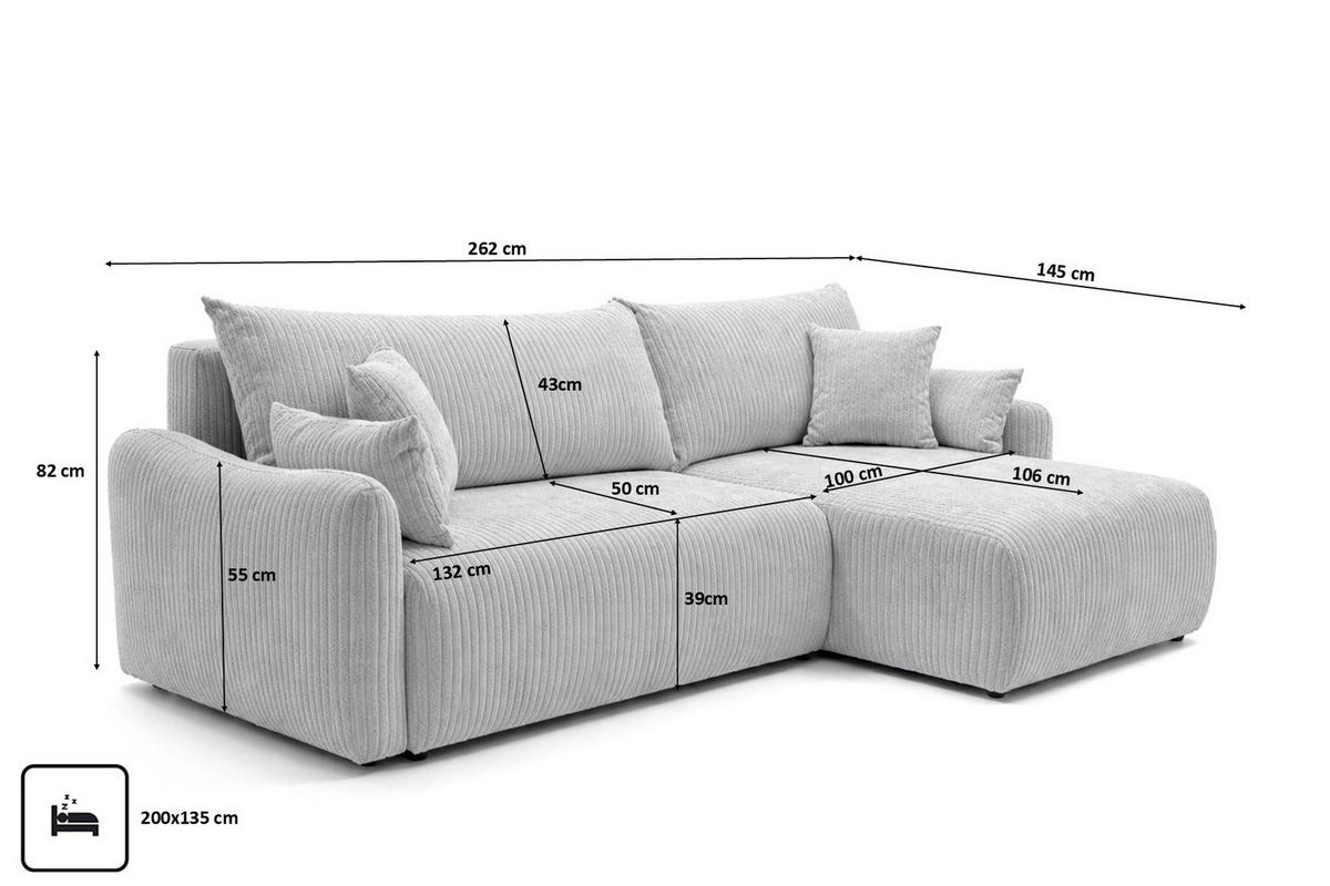 ECKSOFA Mit Schlaffunktion, Cordstoff Poso, Hellgrau, Rechts, JAPANDI - Hellgrau, Holz (262/145cm) - Kaiser Möbel