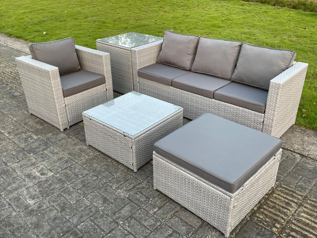 GARTENSOFA Polyrattan Helles Grau 5-Sitzer - Hellgrau, Metall - Fimous
