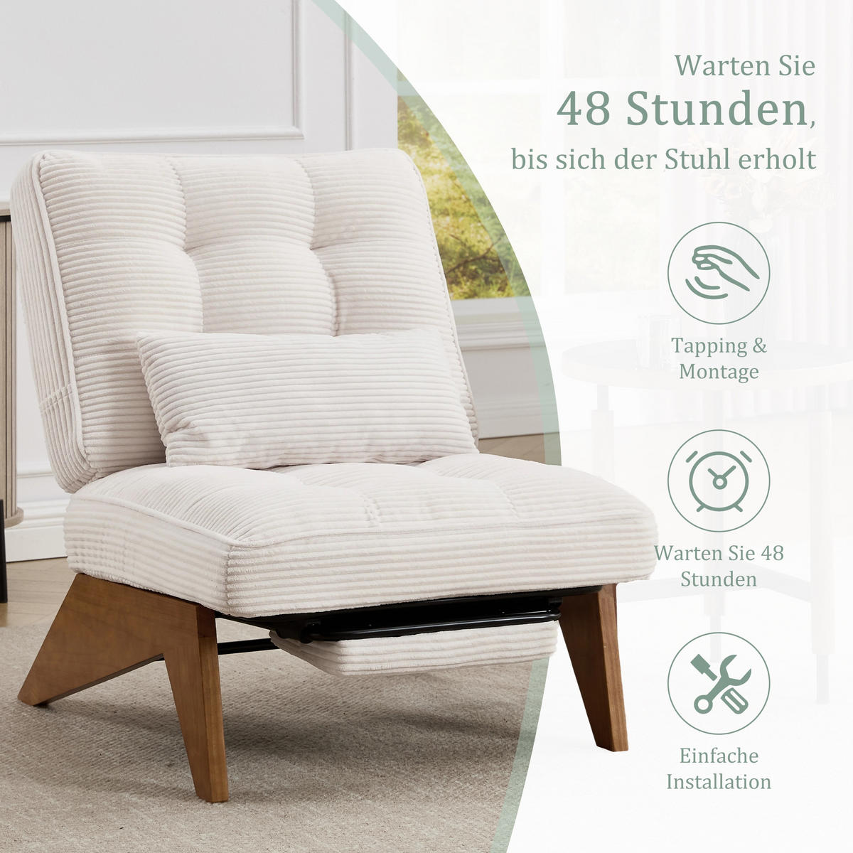 SCHAUKELSTUHL Beige Cord mit Fußstütze, Lendenkissen und Holzbeinen - Beige, Textil (73/90/127cm) - Oxeza