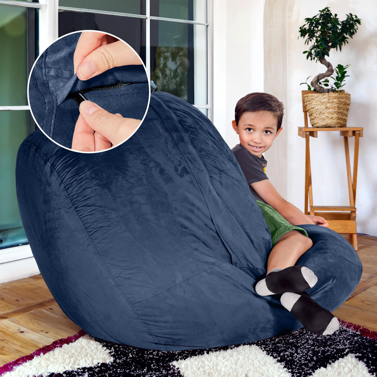 RIESEN-SITZSACK XXL JUMBO Velours 4ft - Dunkelblau, Textil (120/70/120cm) - Green Bean