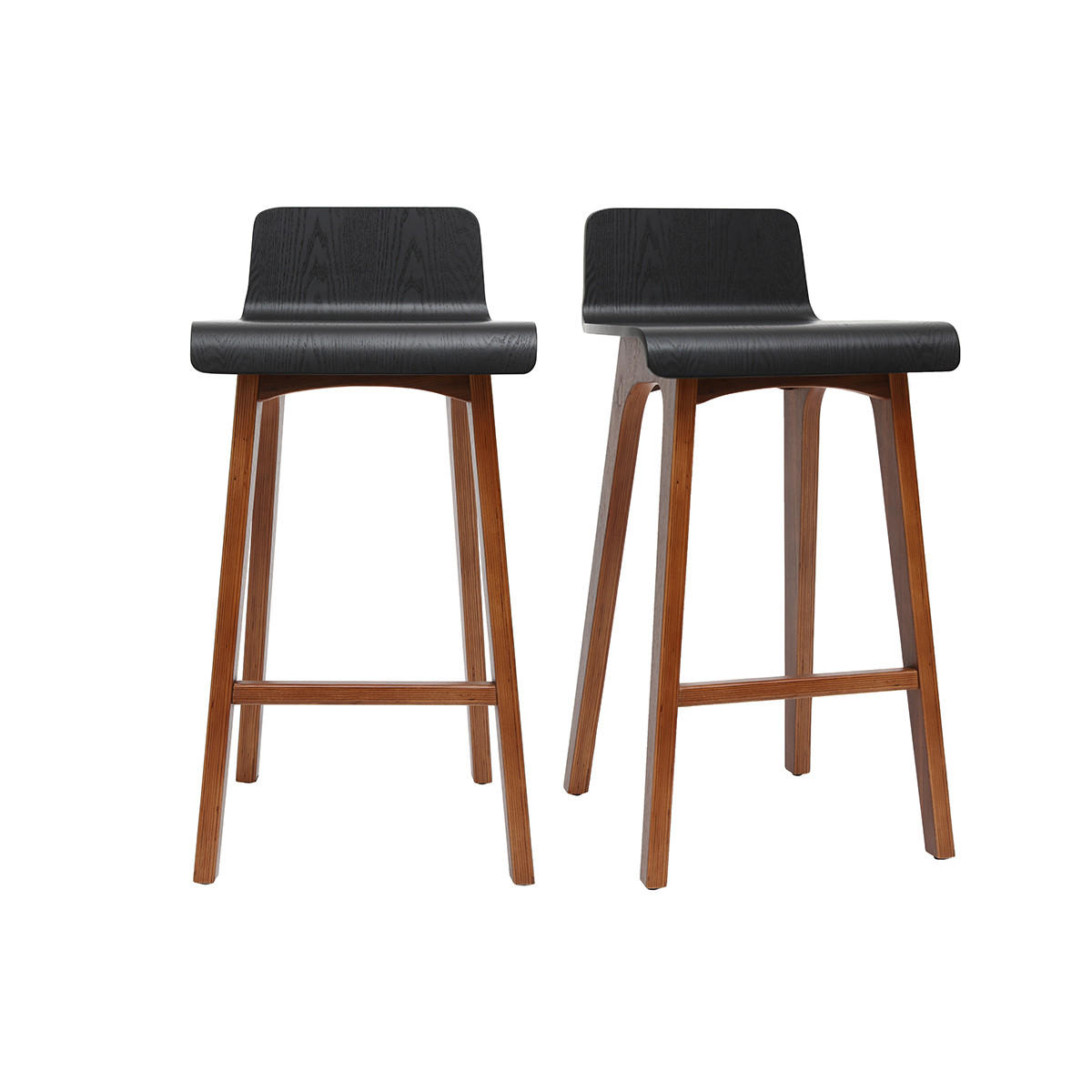 BARHOCKER Schwarz Walnuss H65 cm 2er-Set BALTIK - Schwarz, Holz (44/77.5/39.5cm) - Miliboo