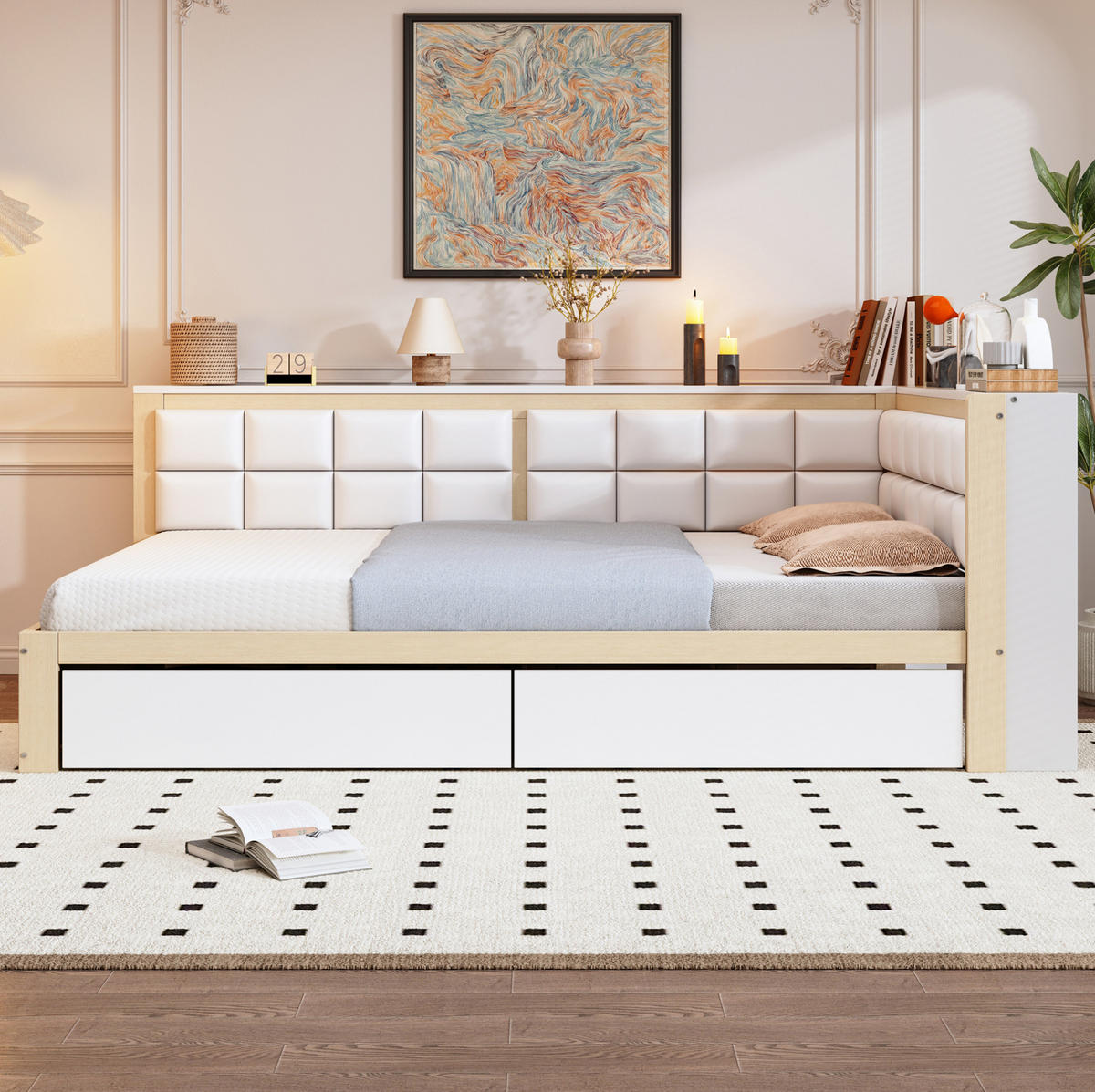 BETT aus Kiefernholz 140x200 cm Holzfarbe mit 2 Schubladen, weicher Rückenlehne und Ablageflächen - Weiß, Holzwerkstoff (140/200cm) - Modfu
