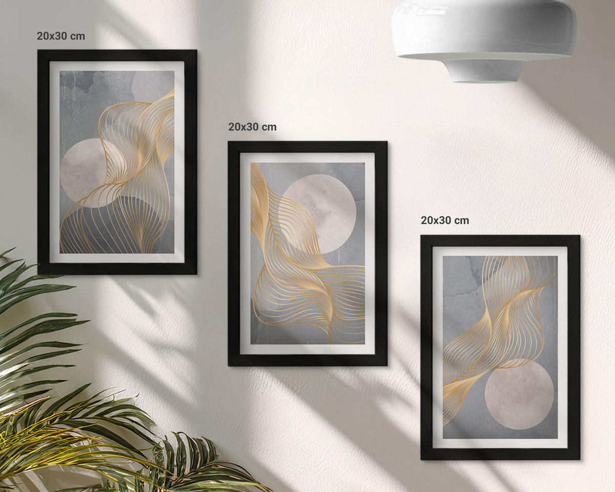 WANDBILDER 3er-Set - 20x30 cm Schwarzer Rahmen - Abstrakte Muster Wellen Kreise - Schwarz, Kunststoff (20/30cm) - ArtPrintCave