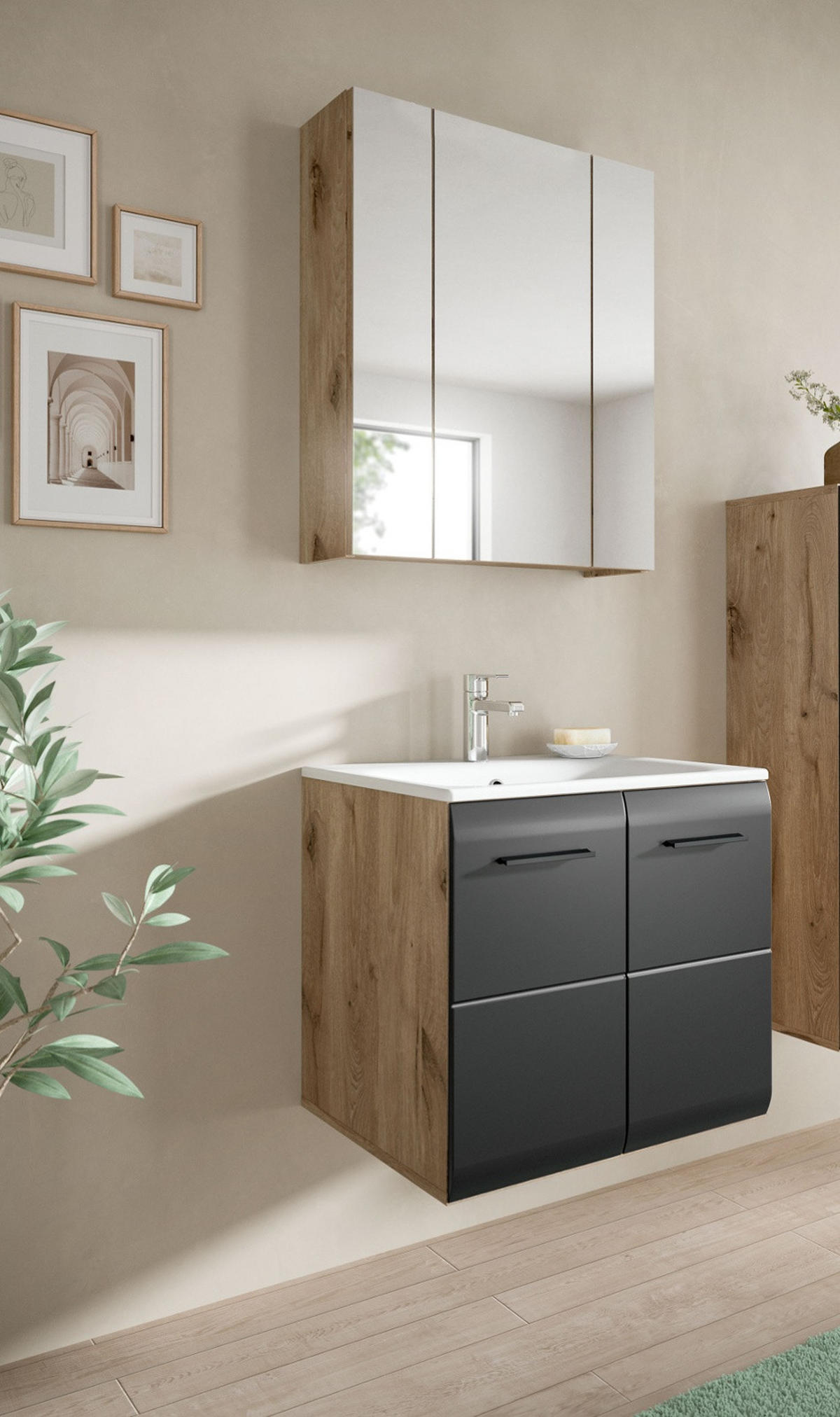 BADMÖBEL-SET 2-teilig Schwarz matt und Eiche Komplett-Set mit Waschbecken, 60 x 185 cm - Eichefarben/Schwarz, Glas/Holzwerkstoff (60/185/46cm) - Inn.Furn