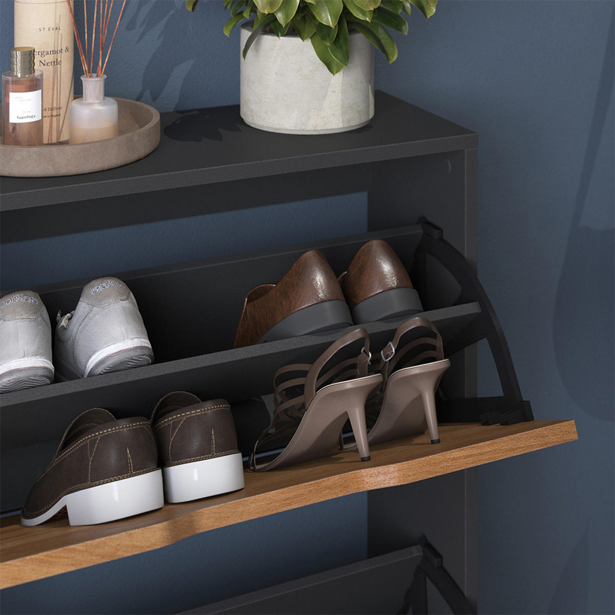 SCHUHKIPPER Luca, Anthrazit/Goldkraft Eiche, 59 x 111.5 cm mit 3 Kippfächern - Honigeiche/Anthrazit, Holzwerkstoff (59/111.5/22cm) - Vicco