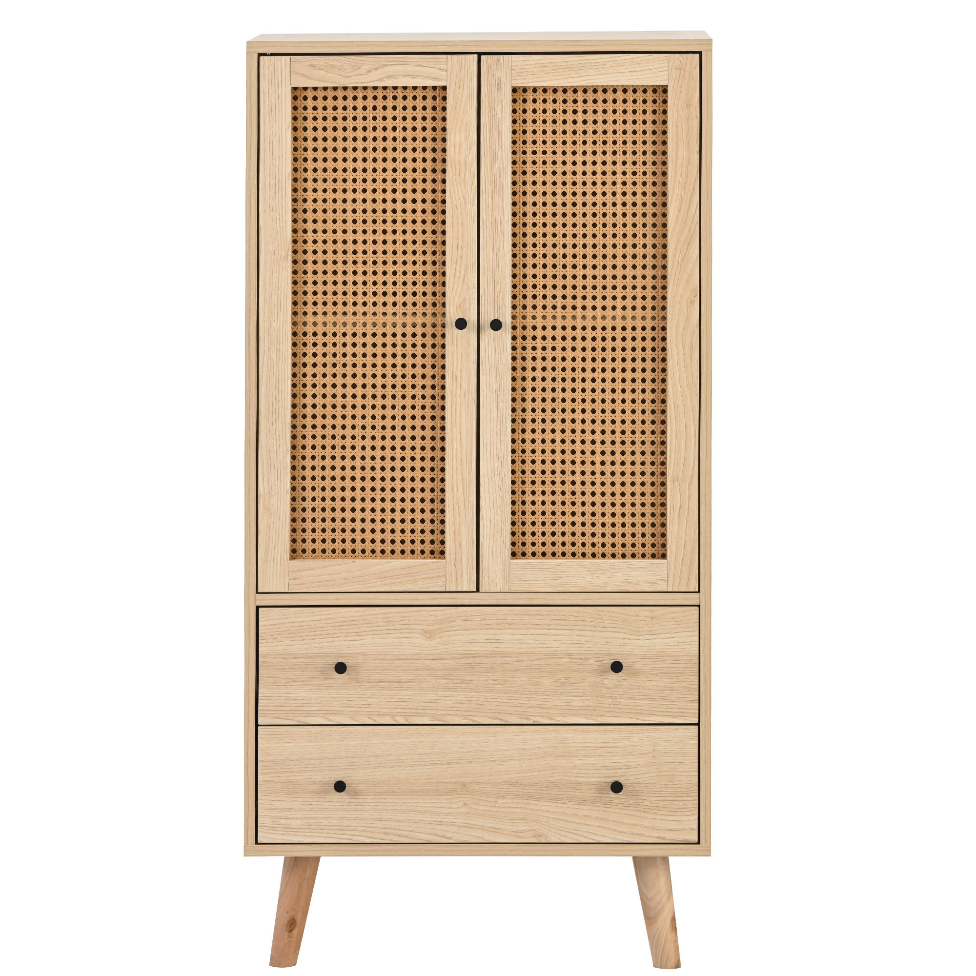 HIGHBOARD mit Rattantüren und 2 Schubladen in Eicheoptik - Eichefarben, Holzwerkstoff (60/120/40cm) - Urban Meuble