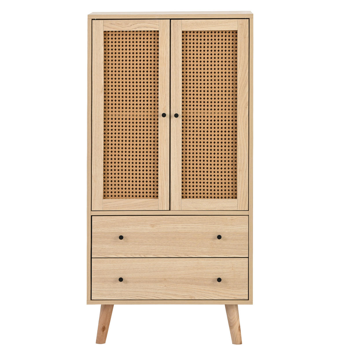 HIGHBOARD mit Rattantüren und 2 Schubladen in Eicheoptik - Eichefarben, Holzwerkstoff (60/120/40cm) - Urban Meuble