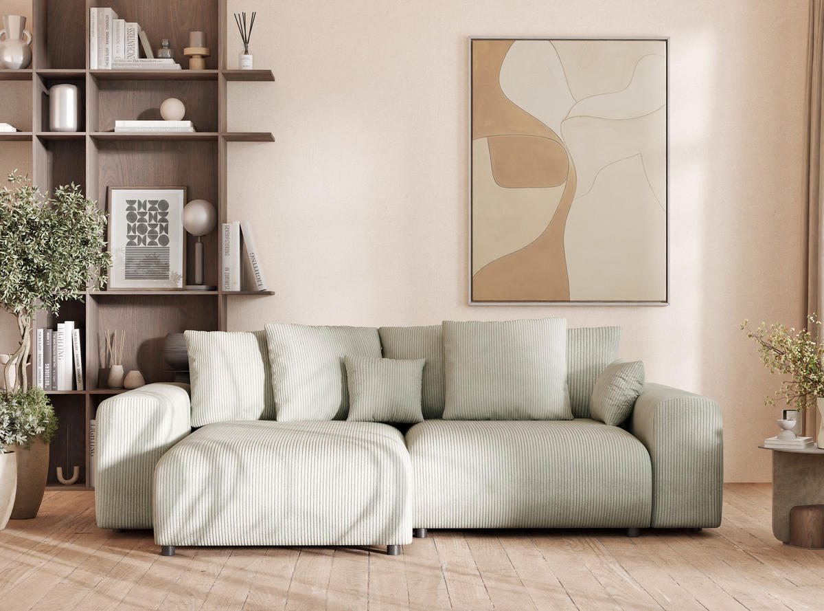 ECKSOFA MIT SCHLAFFUNKTION Solo Creme Samtstoff - Hellgrau/Schwarz, Holz/Holzwerkstoff (255/168cm) - Maison de Reve