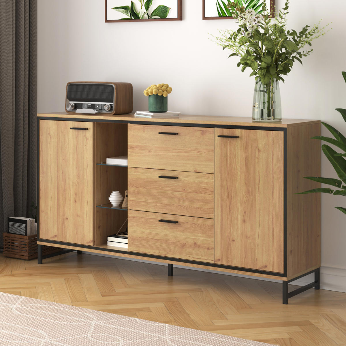 SIDEBOARD Holz Schwarz 3 Schubladen Ablage modern - Naturfarben, Holzwerkstoff (40/85/160cm) - FLIEKS