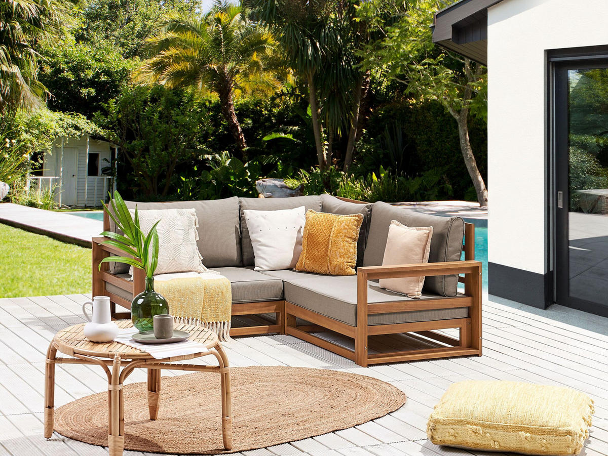 GARTENSOFA 2-sitzer Zertifiziertes Akazienholz hellbraun Auflagen taupe Timor - Hellbraun/Beige, Holz (167/72/167cm) - Beliani