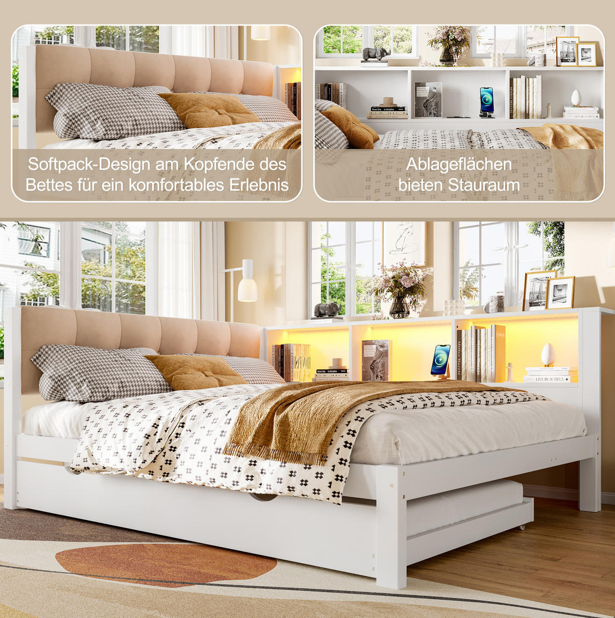 POLSTERBETT 140/200 cm mit Ausziehbett, LED-Beleuchtung, USB-Anschluss und Regal, Kiefer massiv/MDF, Weiß - Weiß, Holz (140/200cm) - Redom