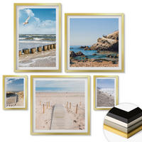 WANDBILDER 5er Set - 50x50 cm & 20x30 cm & 40x60 cm Goldrahmen - Strand, Sand, Wellen, Himmel, Vögel - Goldfarben, Kunststoff (40/60cm) - ArtPrintCave
