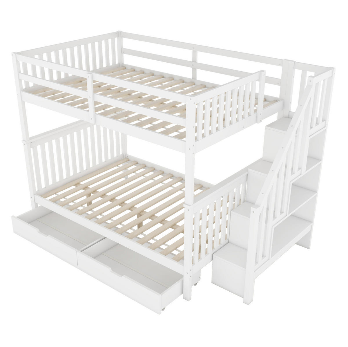 ETAGENBETT 140/200 cm aus Kiefern mit Treppenregal, 2 Schubladen und hohem Fallschutz, Weiß - Weiß, Holzwerkstoff (140/200cm) - Redom