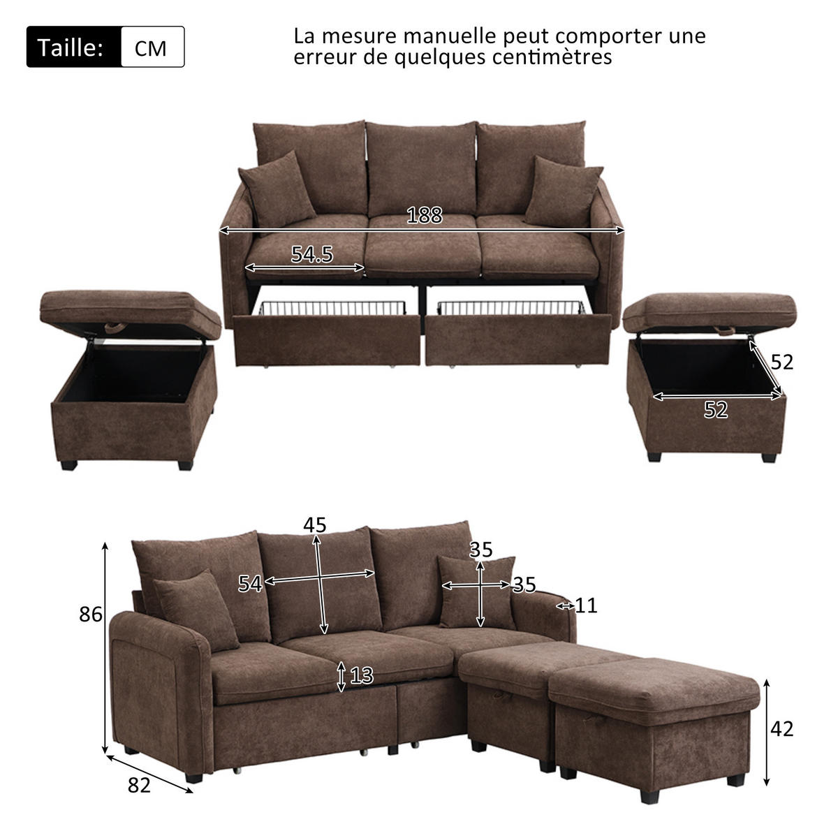 WOHNLANDSCHAFT U-Form Dreisitzer mit Staufunktion Hocker Chenille Antique Brown 220/90/85 cm - Braun, Kunststoff (188/86/186cm) - OKWISH