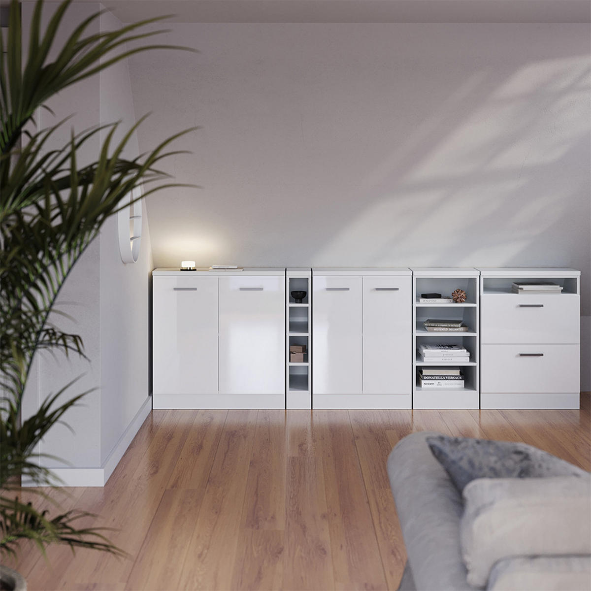 KUCHYNSKÁ SKRIŇA PRE ŠIKMÉ STRECHY R-Line Biely vysoký lesk 120 cm Súprava 2 korpusov skrine hĺbka 60 cm - biela/biela s vysokým leskom, kompozitné drevo (120/83.8/60cm) - Vicco