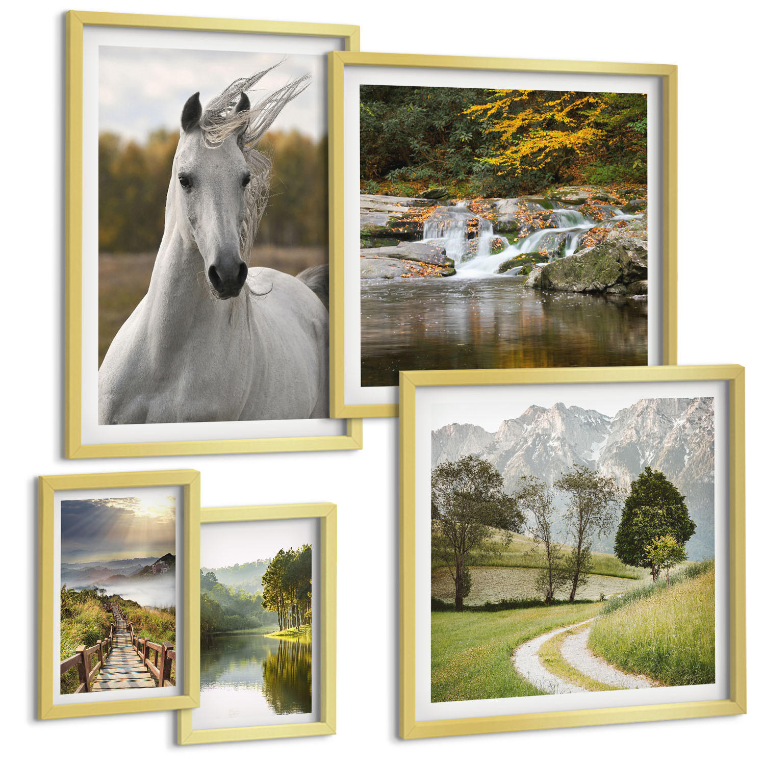 BILDER SET 5er Set - 50x50 cm & 20x30 cm & 40x60 cm Goldrahmen - Natur des Flusses White Horses - Goldfarben, Kunststoff (40/60cm) - TULUP