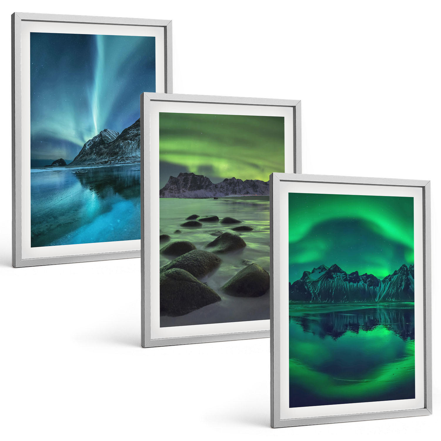 BILDER SET 3er Set - 40x60 cm Silberner Rahmen - Winterlandschaft der Aurora borealis - Silberfarben, Kunststoff (40/60cm) - TULUP