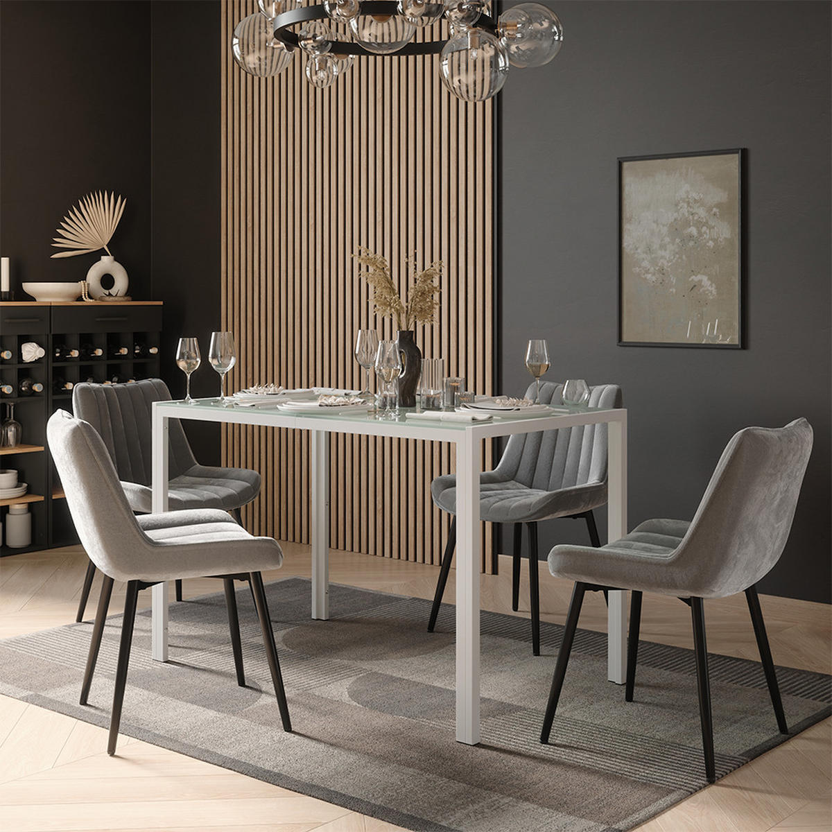 JÍDELNÍ STŮL SESTAVA Grand, Bílá, 120 x 70 cm se 4 židlemi (šedé) - bílá, sklo (120/74.5/70cm) - Vicco
