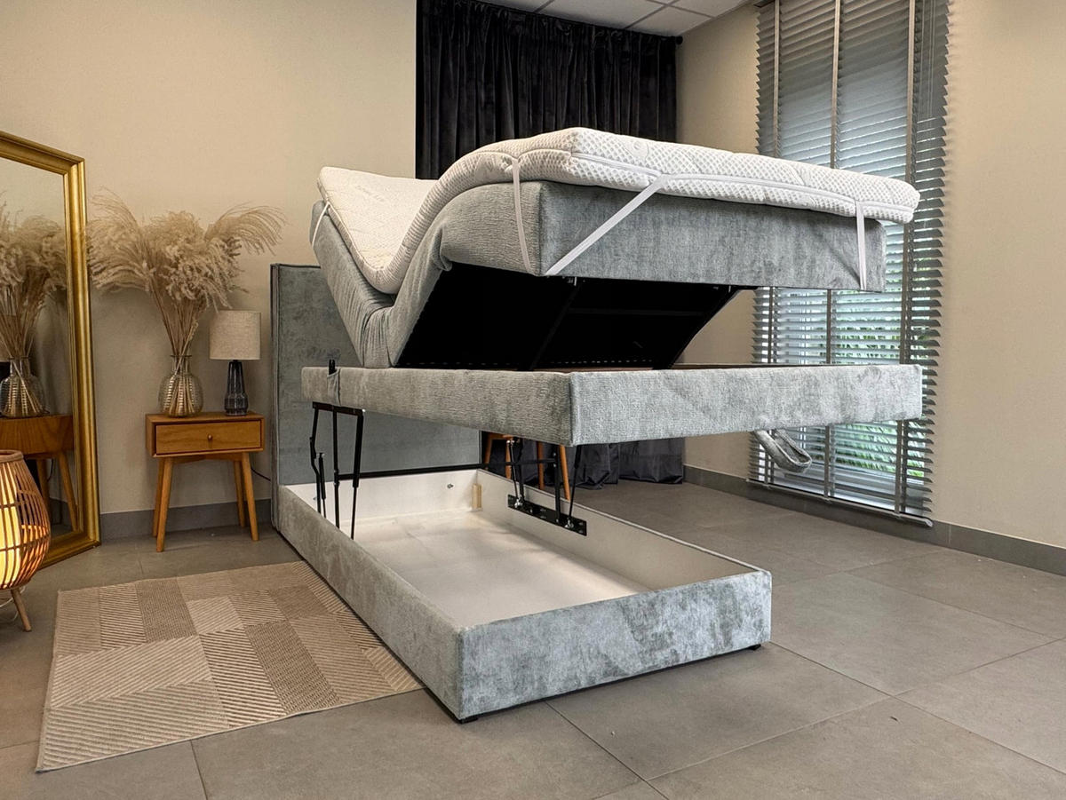 BOXBETT Sorrento - Elektrische Bett mit Matratze + Tooper, Kopfteil und Bettkasten - Stoffbezug Veloursstoff - 100x200 cm - Blau - Blau, Holzwerkstoff/Kunststoff (100/200cm) - Trada