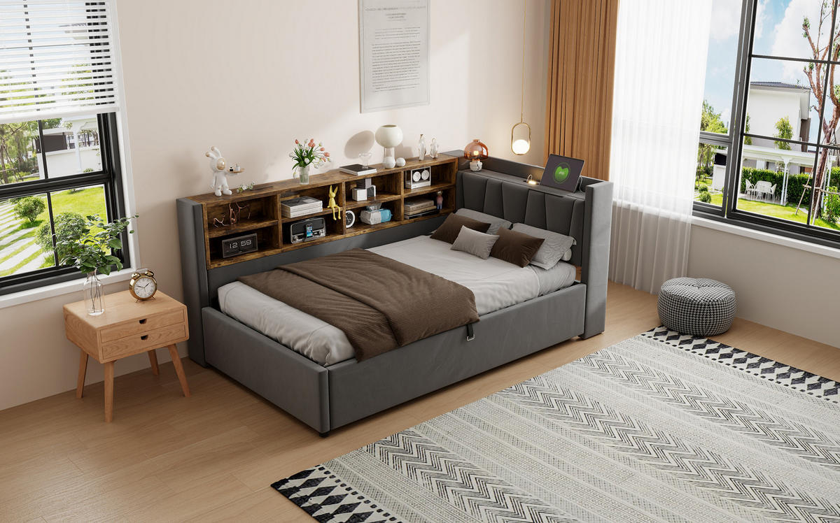 POLSTERBETT 90/200 cm Grau aus Samt mit Stauraum - Dunkelgrau, Textil (90/200cm) - OKMYHOME