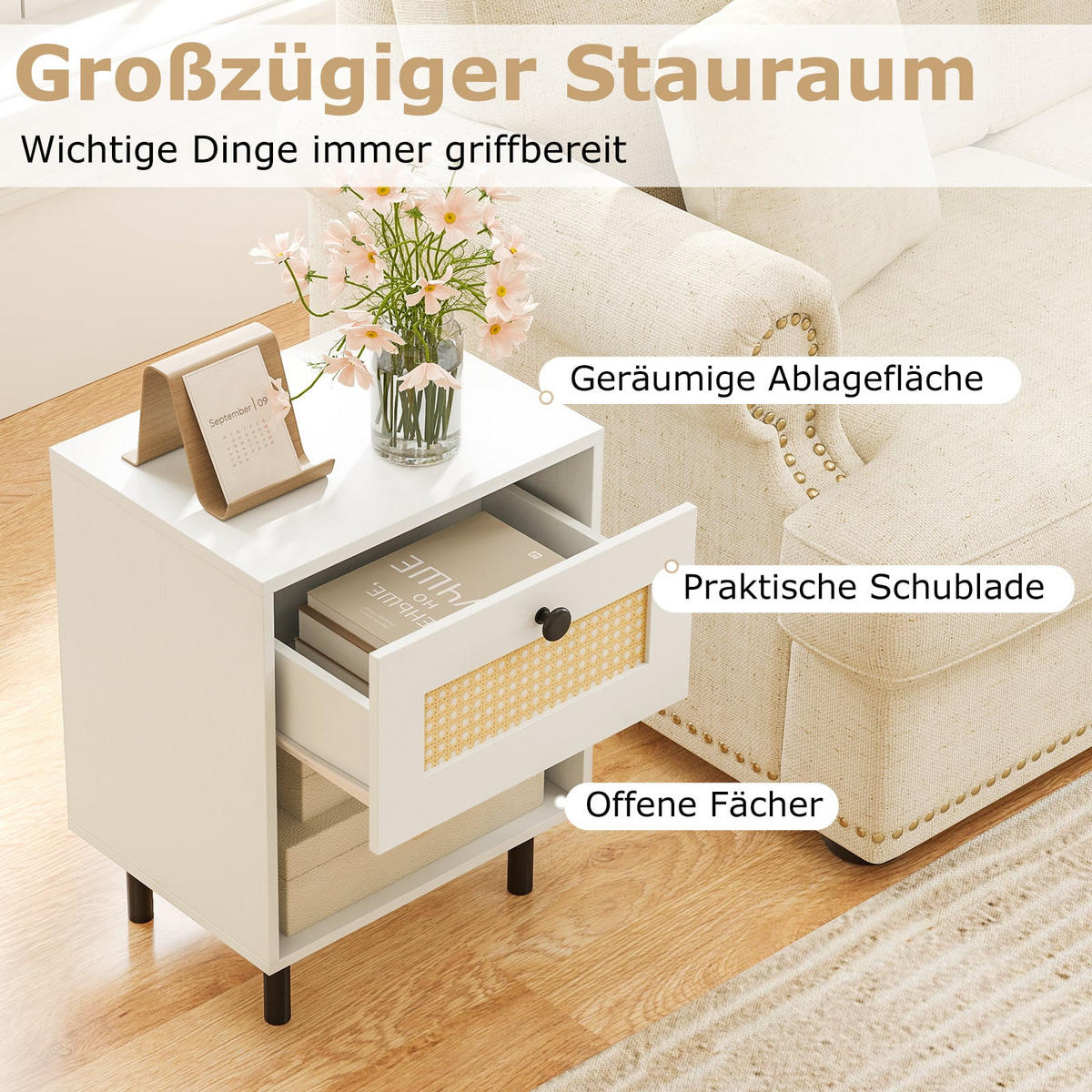 NACHTTISCH Boho mit Rattan-Schublade, 4 Beine, 2 Kippsicherungen, 40x30x52 cm, Weiß - Weiß, Naturmaterialien/Holzwerkstoff (40/52/30cm) - DESIGN IN