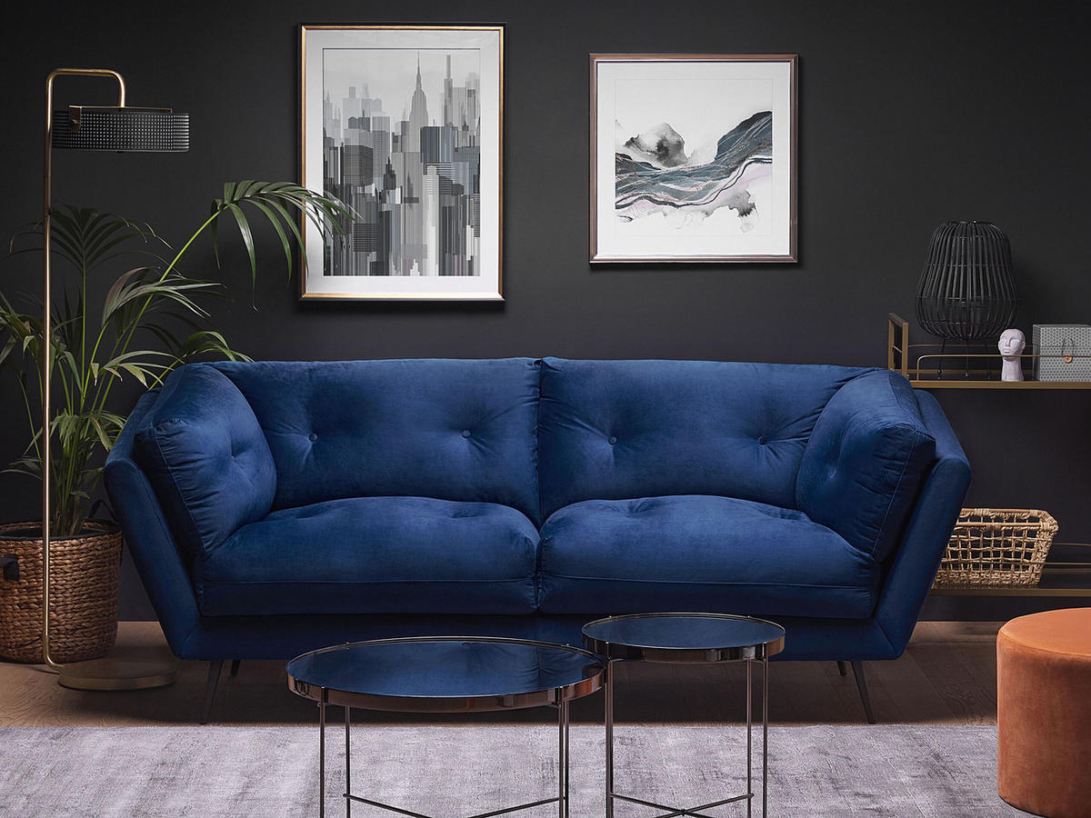 3-SITZER-SOFA Samtstoff Marineblau Lenvik - Hellblau, Textil (210/75/90cm) - Beliani