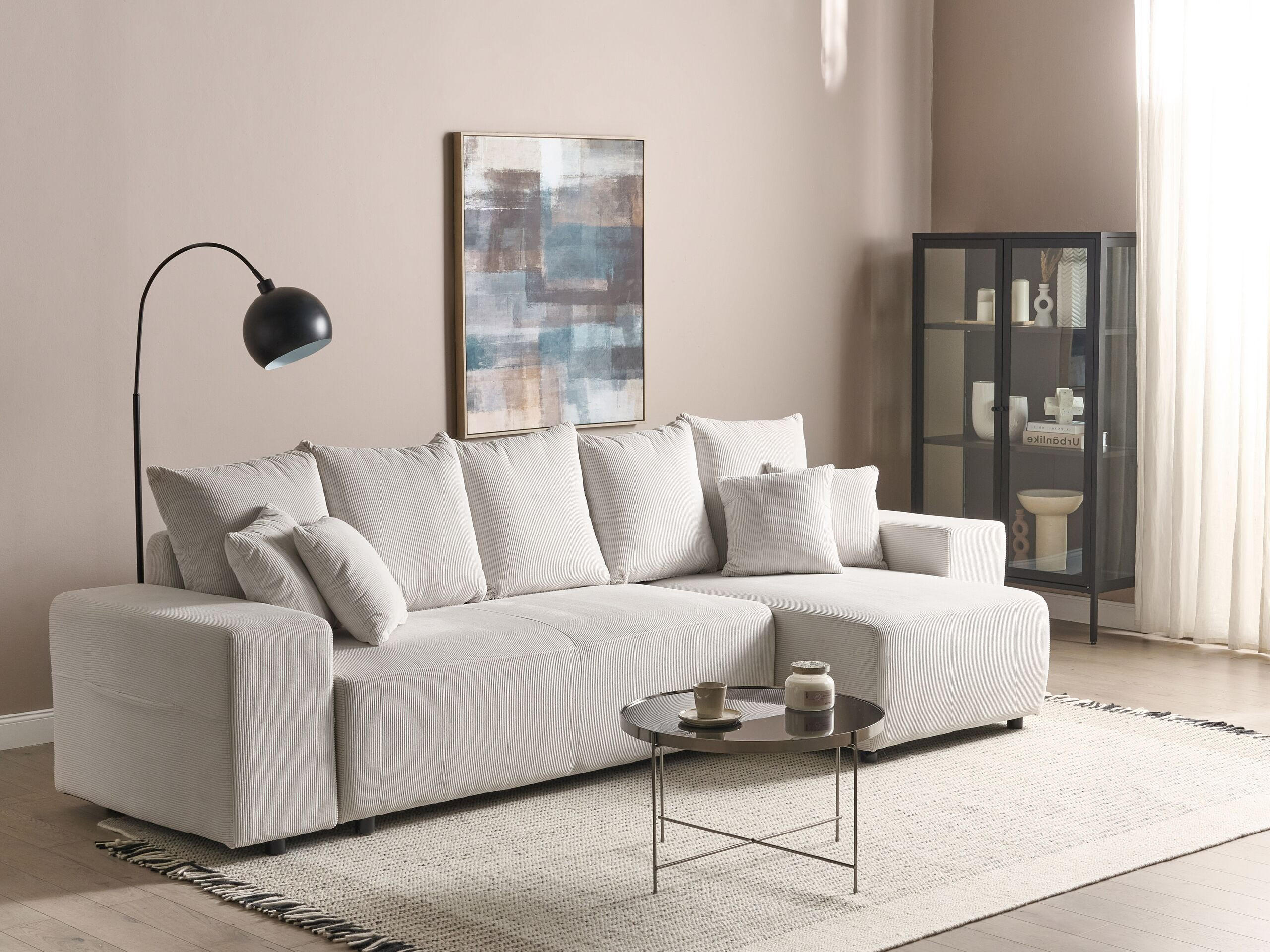 3-SITZER-ECKSOFA Cord hellbeige rechtsseitig mit Schlaffunktion Stauraum Luspa - Beige/Schwarz, Textil (294/130cm) - Beliani