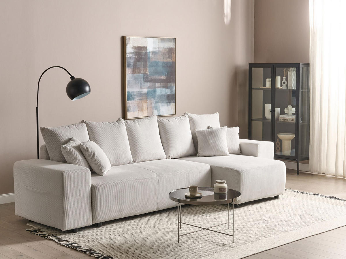 3-SITZER-ECKSOFA Cord hellbeige rechtsseitig mit Schlaffunktion Stauraum Luspa - Beige/Schwarz, Textil (294/130cm) - Beliani