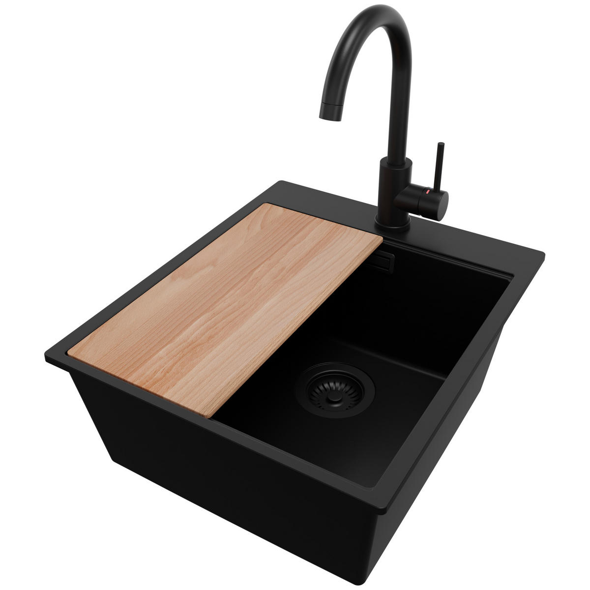 GRANITSPÜLE Oslo, 2-er set Alles Schwarz 43/50 cm 1 Becken + Küchenarmatur 32/20 cm + Ablauf-Set + Schneidebrett ab 45er Unterschrank - Beige/Schwarz, Kunststoff (43/20/50cm) - Primagran