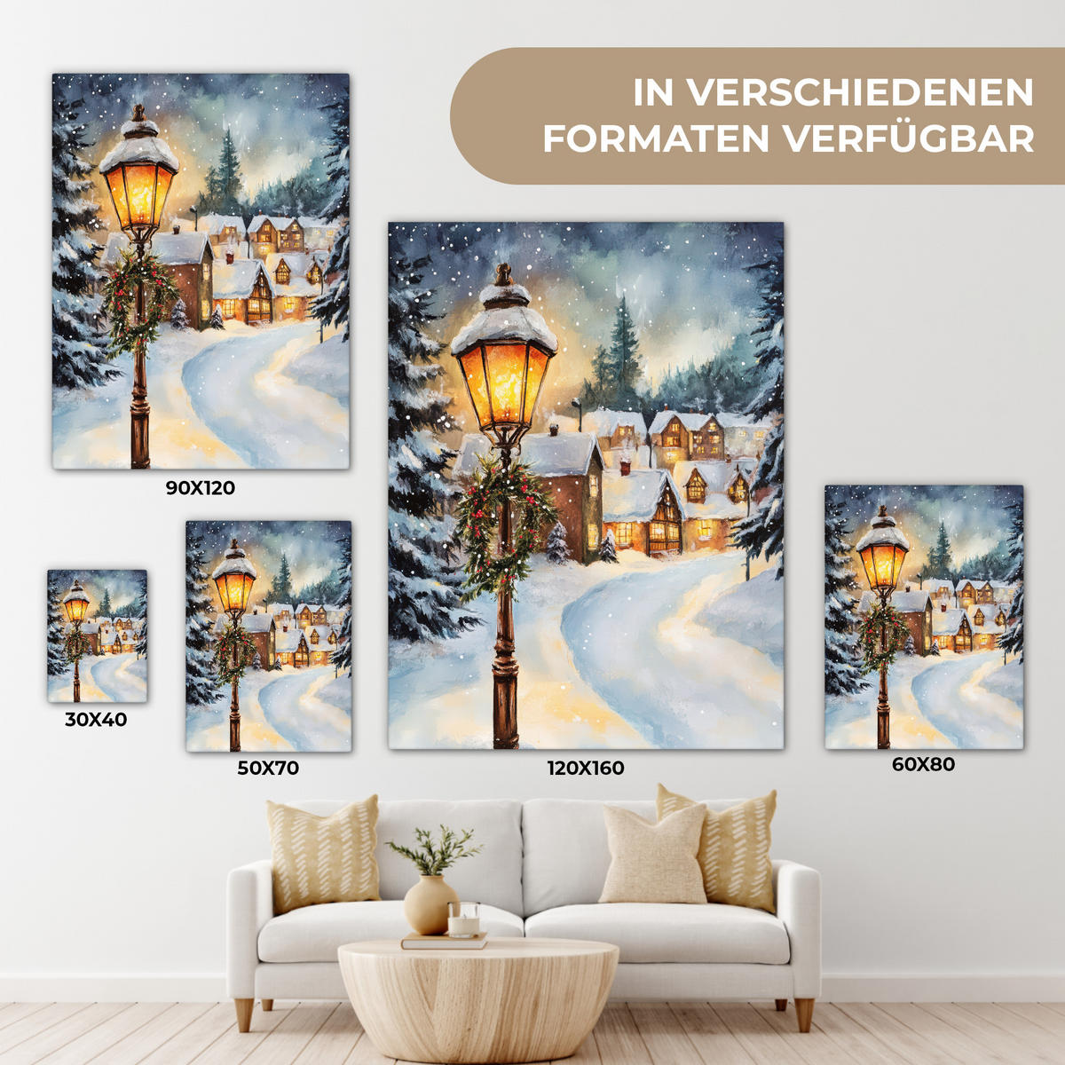 LEINWANDBILD Weihnachtsdorf - Häuser - Schnee - Weihnachten 30x40 cm - Sandfarben, Textil (30/40cm) - MuchoWow