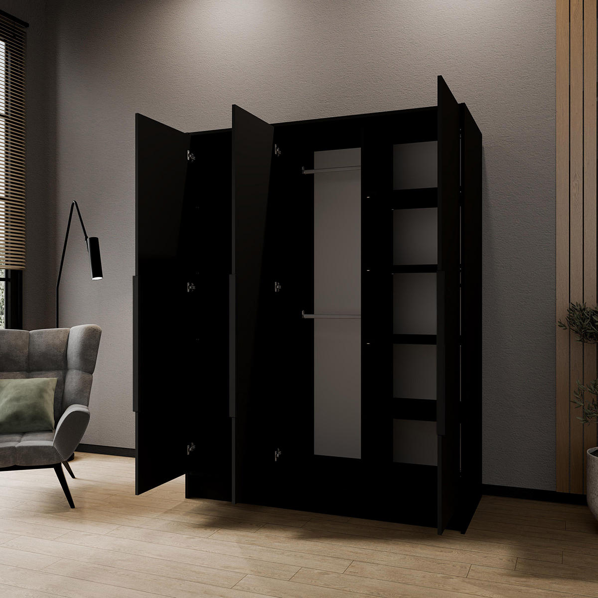 DREHTÜRENSCHRANK Laro mit Spiegel, Schwarz mit mit schwarzen Griffen, 150 cm - Schwarz, Holzwerkstoff (150/200/51cm) - Beautysofa