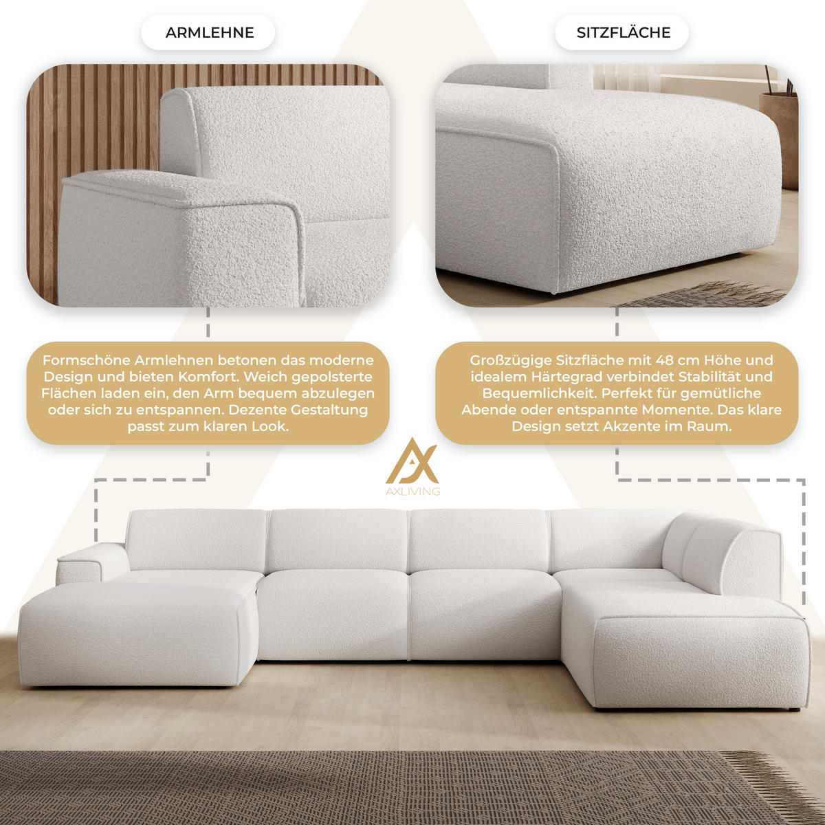 WOHNLANDSCHAFT Didim Weiß 378/220/78 cm – großes Sofa stilvoll & bequem R - Schwarz/Weiß, Kunststoff/Textil (378/78/220cm) - AX Living