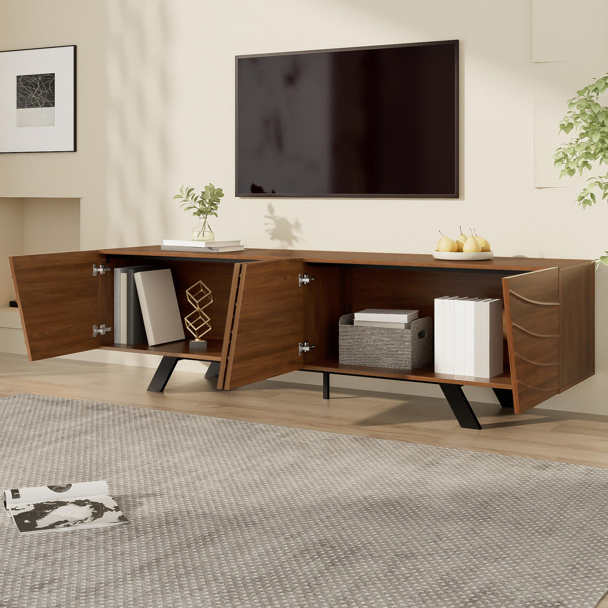 TV-ELEMENT160X39X50,5CM WalnussOptik Lowboard Wellenfront Kabelmanagement - Walnussfarben, Holz (44.45/14.61/174.5cm) - Raelunyi