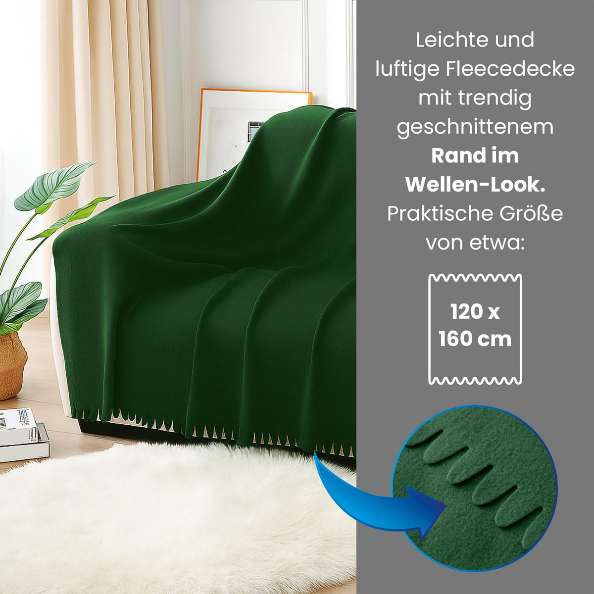 FLEECEDECKE WAVE 16er Set grün 120/160 cm Wellenrand Anti-Pilling - Grün, Textil (120/160cm) - wometo