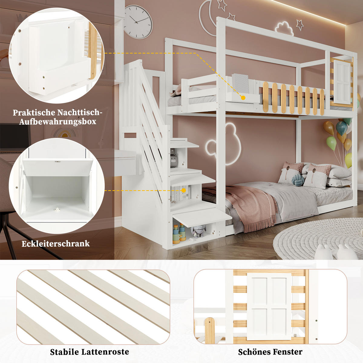 ETAGENBETT 90/200 cm Weiß mit Treppe und Regalkasten aus Kiefernholz - Weiß, Holzwerkstoff (90/200cm) - OKWISH