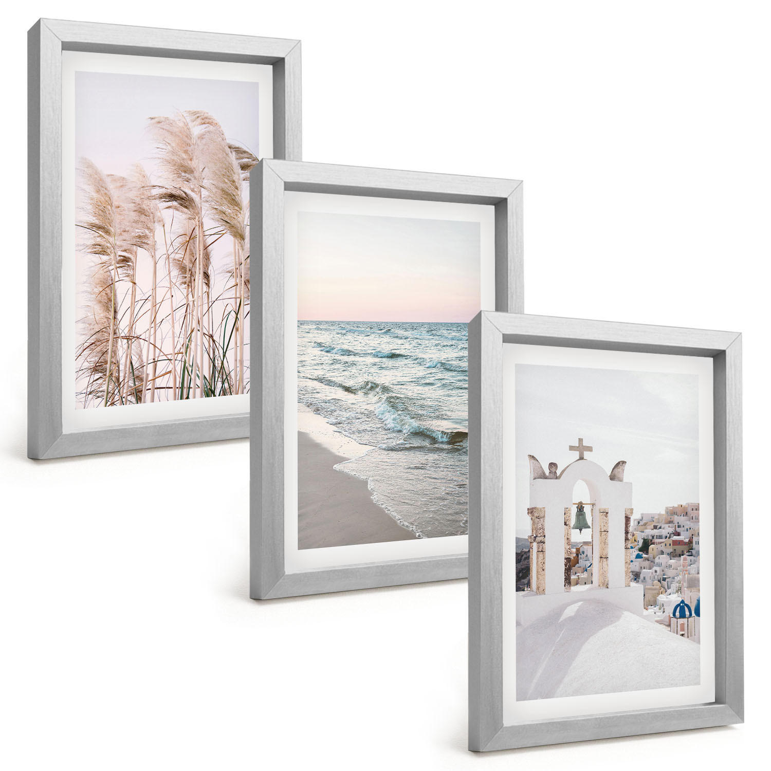 BILDER SET 3er Set - 20x30 cm Silberner Rahmen - Pflanzen, Meereswellen, Aussicht, Häuser - Silberfarben, Kunststoff (20/30cm) - TULUP