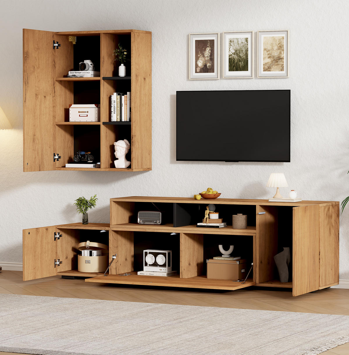 WOHNWAND Vitrine TV Board Regal Holz Schwarz 265cm - Eichefarben, Holzwerkstoff (174/53.5/35cm) - FLIEKS