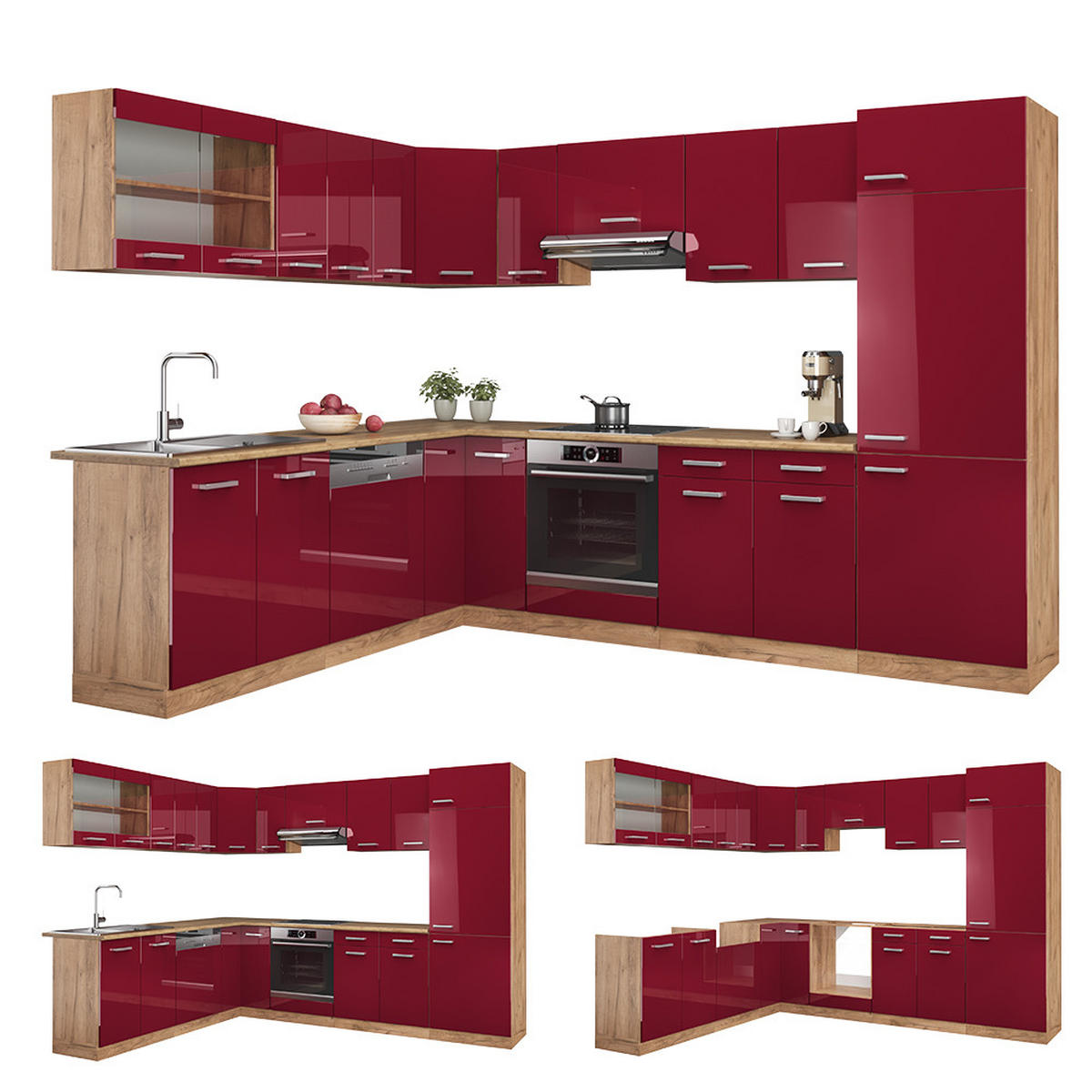 ECKKÜCHE R-Line Rot Hochglanz/Goldkraft Eiche 287 x 60 cm , AP Marmor - Rot/Eiche Wotan, Holzwerkstoff (287/81.6/60cm) - Vicco