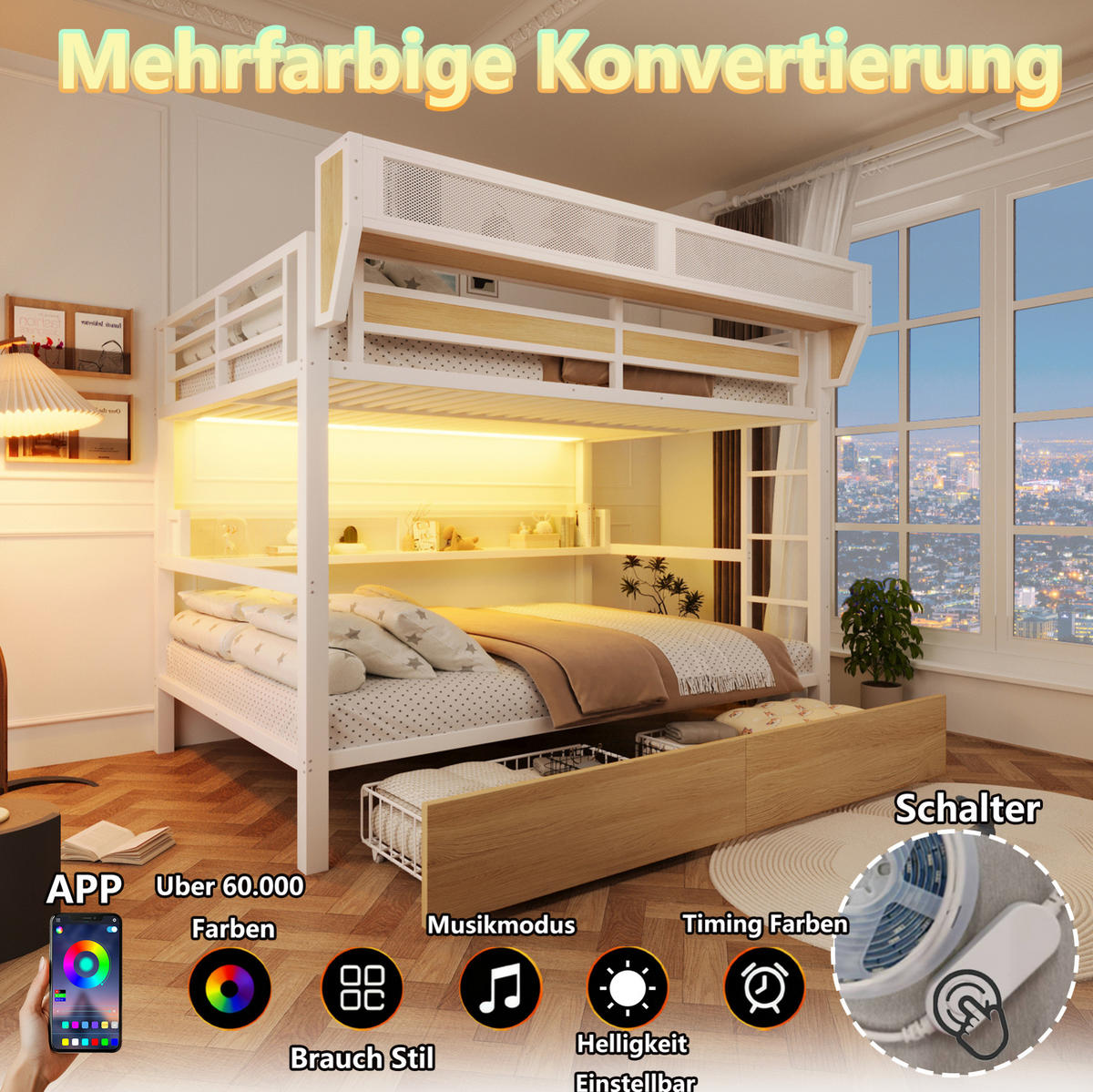 HOCHBETT aus Metall und MDF 140x200 cm Weiß mit Stauraum, Schubladen und LED-Beleuchtung - Weiß, Holzwerkstoff (140/200cm) - Modfu